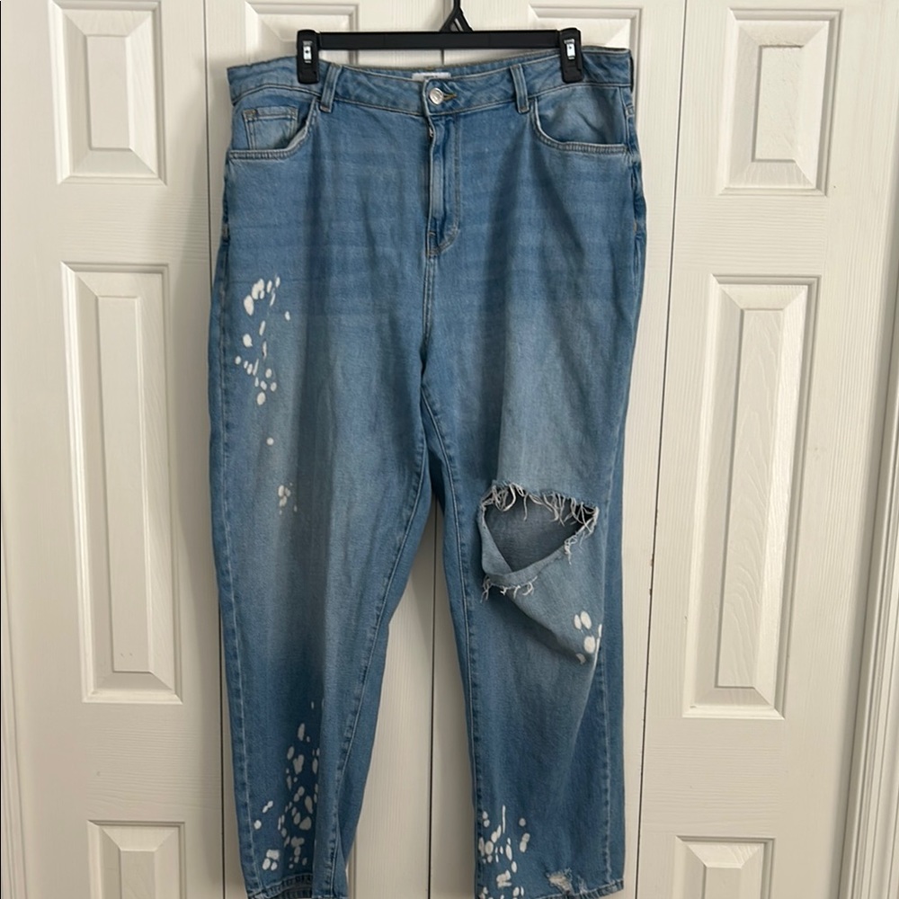 Forever 21 Blue Flare Wide Leg Jeans with Distressed Details